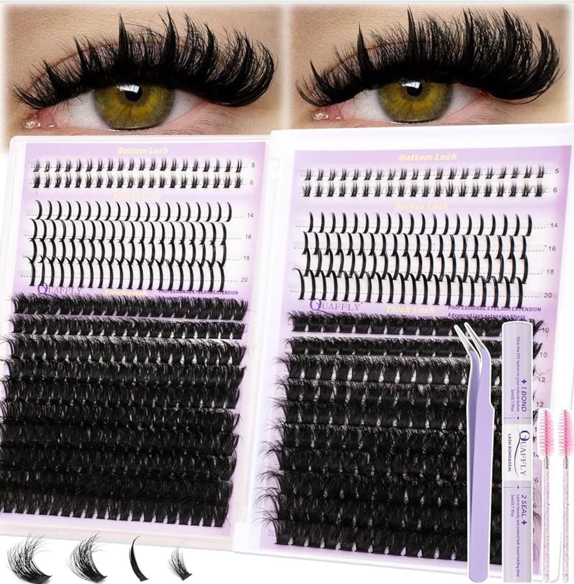 DIY Lash Extension Kit – 100D & 150D Volume Lash Clusters with Bond, Tweezer & Brush, Wispy Cluster Eyelashes - KOKO SALON N SUPPLY